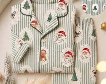 Conjunto de pijama navideño para mujer con estampado de árbol y Papá Noel. Pijama de manga larga con botones, ideal para estar cómoda en casa durante las fiestas.