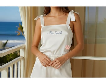 Custom Embroidered Silk Satin Cami Tie Knot and Shorts, Satin Pj Sets, Cami set Camisole Shorts Pajama Set, Bridesmaids Gifts Bridal Wedding