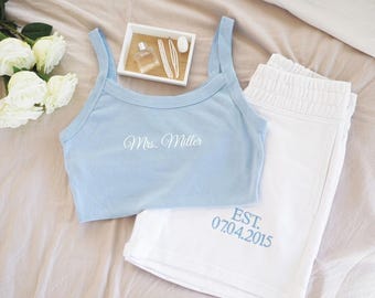 Custom Embroidered Mrs. Pajama Set, Mrs Tank & Joggers, Bridal Pjs, Bride Pajamas, Mrs. Set, Bridal Shower Outfit, Engagement Gift for Her