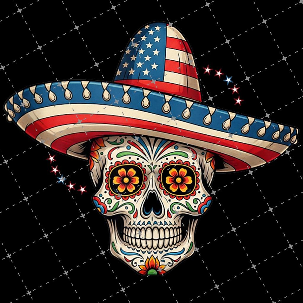 Custom Patriotic Sugar Skull with Sombrero PNG File, Patriotic Sugar Skull with Sombrero Digital File, 4th of July Mexican Skull Art