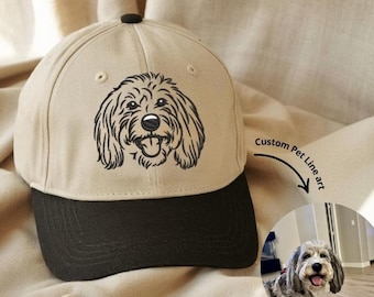 Personalized Pet Portrait Hat with Custom Dog Line Art Embroidery, Custom Pet Drawing Baseball Cap Gift for Dog Lover, Pet Memorial Hat