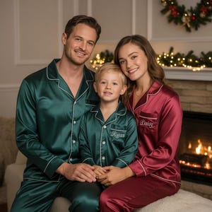 Personalized Satin Family Christmas Pajamas Set: Embroidered Matching Pajamas