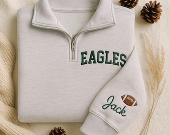Personalized Embroidered Sports Team Quarter Zip Sweatshirt, Custom Team Spirt Sweatshirt, College Team Sports Mascot Quarter Zip Sweatshirt