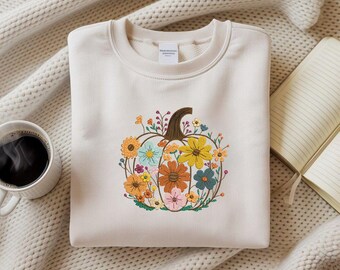 Besticktes Floral Kürbis Sweatshirt: Gemütlicher Herbst Cottagecore Pullover