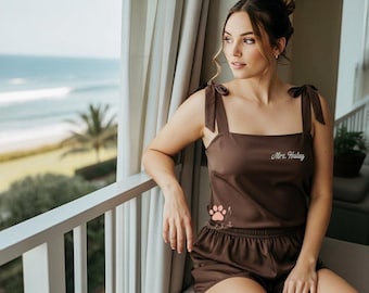 Embroidered Silk Satin Pajama Set: Bridal Party Cami & Shorts