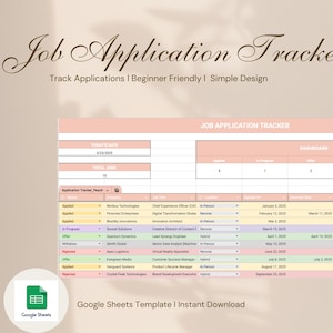 May include: A pink and green Google Sheets template for tracking job applications. The template includes a dashboard with columns for applied, in progress, offers, rejected, and withdrawn. The template also includes a section for tracking the application status, job title, company, location, date applied, interview date, offer date, and notes.