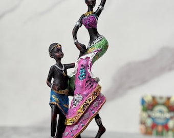 African Mother and Child Resin Figurine: Hand-Painted Home Decor