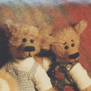 May include: Two plush teddy bears with brown fur, one wearing overalls and the other wearing a patterned shirt. The bears have black noses and large, dark eyes.