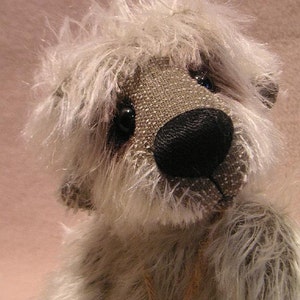 May include: A white and gray teddy bear with a black nose and brown eyes. The bear has a shaggy, fluffy coat.