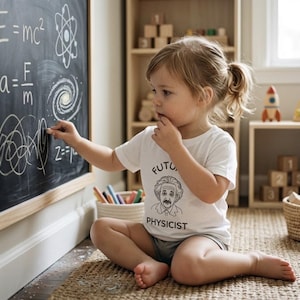 May include: A white short-sleeved t-shirt featuring a black line drawing of Albert Einstein and the text "FUTURE PHYSICIST" printed on the front. The shirt is worn by a child who is drawing physics equations on a large black chalkboard.