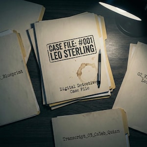 May include: A stack of manila file folders on a dark wooden surface. The top folder reads "CASE FILE: #001 LEO STERLING" with "Digital Detective Case File" below. A pen and coffee stain are on the folder. Other folders are visible, with text including "_Blueprint" and "Transcript_03_Caleb_Quinn".