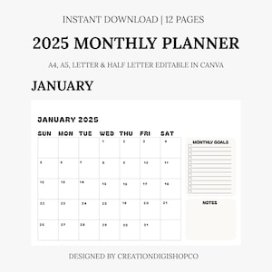 Monthly Planner 2025 | Printable PDF Calendar, Budget & Agenda | Single Page Layout | A4 A5 Letter Half Size