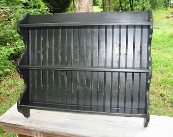 distressed black pottery plate rack , cottage plate wall shelf,.   24  28 32 36 40  45 wide
