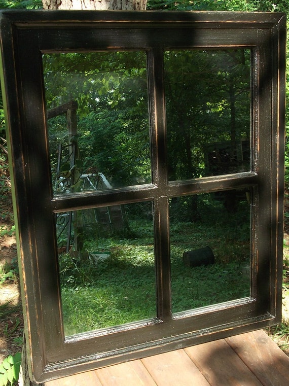 Black Distressed Framed Mirror Window Pane Sash Shabby Chic Rustic Wood