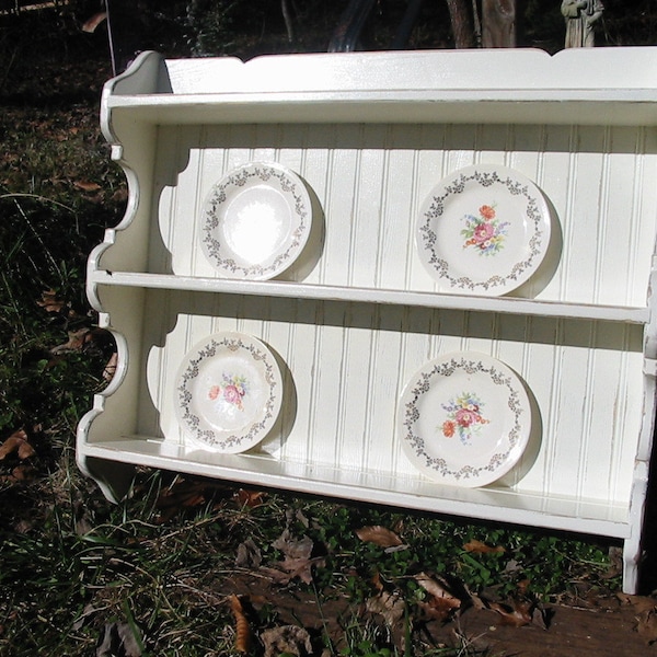 kitchen Plate Rack, Country White Distressed Shelf, Grooved Plate Holder