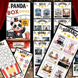 May include: A movie-themed design featuring a panda at a box office, popcorn, and movie posters. The posters are categorized by genre, including Sci-Fi, Cartoons, Romance, and Action. The image has a red curtain background.