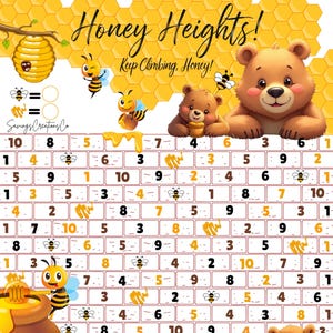 May include: A colorful educational game board titled "Honey Heights!" featuring cartoon bees, bears, and honey pots. The board includes number puzzles and the text "Keep Climbing, Honey!" in a playful design, perfect for children.