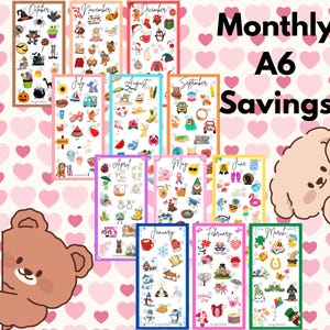 May include: A collection of A6-sized monthly savings trackers, each with a different color border and themed illustrations for each month. The trackers are decorated with seasonal images and the text "Monthly A6 Savings".