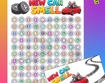 May include: A white sticker sheet with the text "NEW CAR SMELL" and a red car graphic. The sheet features numerous small, colorful circles with numbers and letters, along with tire tracks and a smaller card with the same theme. The sheet measures 8.5 x 11 inches.