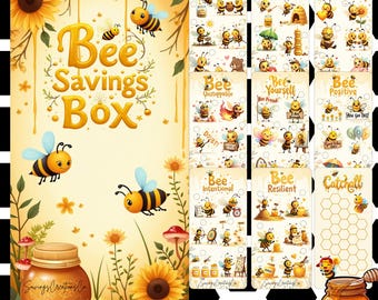 Puede incluir: Una ilustración caprichosa con una "Bee Savings Box" con abejas de dibujos animados, girasoles y un tarro de miel. El diseño incluye tarjetas con frases motivacionales con temática de abejas como "Bee Generous" y "Bee Yourself".