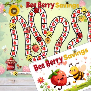 Strawberry and Bee Board Game Savings Challenge, Bee Savings, Strawberry Savings, Savings challenge, Roll and Save