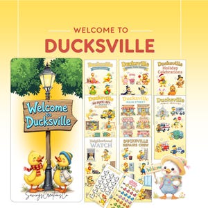 Op de afbeelding: Een verzameling stickers en illustraties met Ducksville-thema. Het hoofdbord luidt "Welkom in Ducksville" met tekenfilm eenden. Andere illustraties tonen verschillende stadsgezichten en evenementen.