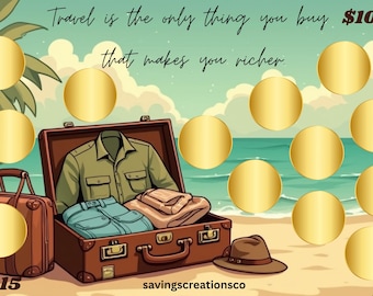 May include: A scratch-off game card with a tropical beach scene. The card has 15 gold circles that can be scratched off to reveal a prize. The text on the card reads "Travel is the only thing you buy $100 that makes you richer." and "1-15".