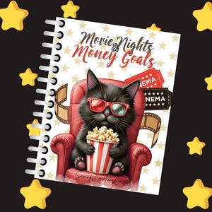 May include: A spiral-bound notebook featuring a cartoon black cat wearing red 3D glasses, holding popcorn, and seated in a red armchair. The cover reads "Movie & Nights Money Goals" with star accents and film reel details.
