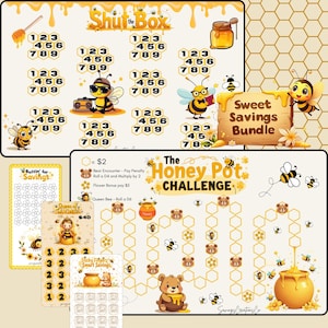 Könnte beinhalten: Eine Sammlung von druckbaren Spielbrettern und Spar-Trackern mit Bienen- und Honig-Motiven. Enthält ein "Shut the Box"-Spiel, ein "Honey Pot Challenge"-Brett und verschiedene Spar-Tracker. Die Designs weisen gelbe, braune und weiße Farben auf.