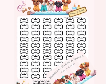 Może przedstawiać: Drukowalna karta z 48 konturami w kształcie psiej kości. Karta nosi tytuł "Bubbles, Barks & Bucks" i "Color & Save".