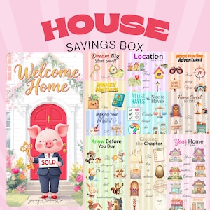 May include: A decorative house-themed savings box with the text "HOUSE SAVINGS BOX" in pink. The box features illustrations of a pig holding a key and a "SOLD" sign, along with various real estate-related graphics and text.