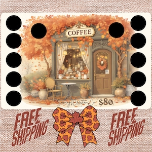 May include: A digital art print of a coffee shop with autumn foliage. The shop has a brown door, a small table, and a chair. The sign above the shop says "COFFEE". A decorative bow with fall leaves is at the bottom.