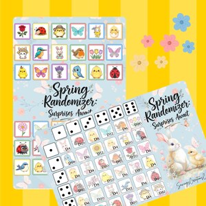 May include: Two light blue Spring Randomizer game boards with colorful spring-themed illustrations, dice, and the text "Spring Randomizer: Surprises Await." The boards feature images of flowers, butterflies, and animals.
