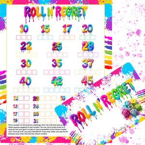 以下が含まれることがあります： 「Roll N' Regret」というタイトルのカラフルなゲームボード。数字と空白の正方形があります。デザインは鮮やかなペイントスプラッターと滴るテキストが特徴です。サイコロとゲームタイトルが付いた小さなカードも表示されています。