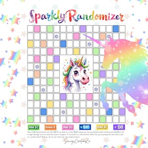 May include: A colorful game board titled "Sparkly Randomizer" featuring a unicorn graphic and a grid of colored squares. The board includes text prompts like "Add $2" and "Double It". A rainbow unicorn silhouette is on the right.