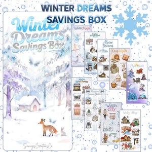 Może przedstawiać: Zestaw "Winter Dreams Savings Box" z arkuszami naklejek o tematyce zimowej. Pudełko zawiera ilustracje zaśnieżonych krajobrazów, zwierząt i zimowych scen. Arkusze naklejek obejmują motywy takie jak "Winter Magic" i "Winter City."