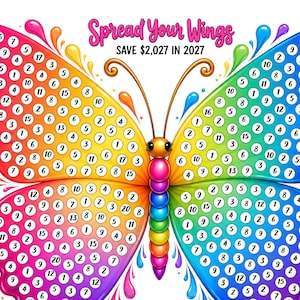 Może przedstawiać: Tabela oszczędności w kształcie motyla z napisem Spread Your Wings oraz SAVE $2,027 IN 2027. Skrzydła zawierają liczne białe kółka z różnymi liczbami, a korpus motyla stanowi pionowy gradient kolorów tęczy.