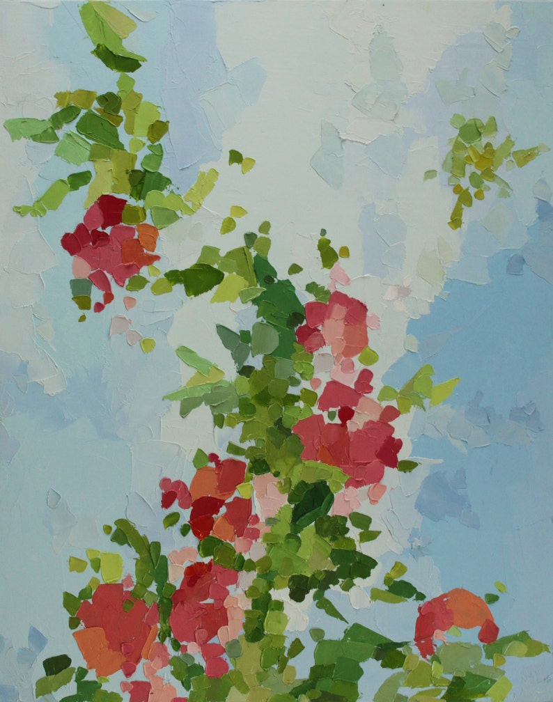 Seven Roses in a Garden Original Abstract Oil Painting 40.5x51cm app. 16x20in in fresh leafy greens, sky blue, and warm pinks image 1