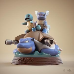 May include: A detailed figurine featuring three Pokémon characters: Squirtle, Wartortle, and Blastoise. The Blastoise is blue with two cannons, and the other two are perched on top. The base is brown with Japanese text and the name "BLASTOISE 009".
