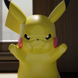 May include: A yellow Pikachu figurine with a grumpy expression. The figure has black-tipped ears, red cheeks, and arms outstretched. The figurine is a collectible item.