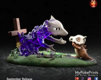 May include: A detailed 3D-printed model featuring two stylized creatures. One is a skeletal figure emerging from purple flames near a wooden cross. The other is a brown creature with a skull-like mask. The base is green with grass and the text "September Release".