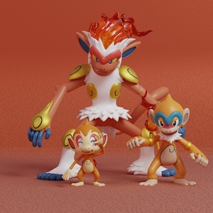 May include: A group of three orange and white figurines of a monkey-like creature with flames on its head. The largest figure is in the center, with two smaller figures in front. The background is a solid orange color.