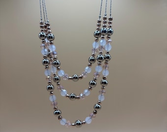 Three Strand Silver Beaded Fashion Necklace Gift For Mom Grandma or Friend