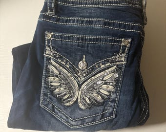 Miss Me Jeans with Leather Wings on Pocket Size 34 Curvy Crop