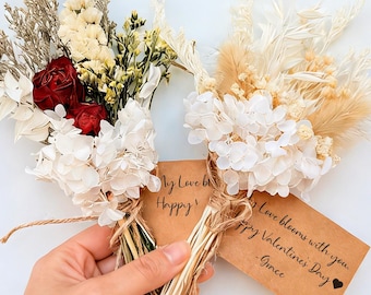 Mini Dried Flower Bouquet with Custom Card, Birthday Thank You Mum Card, Bridesmaid Proposal Gift Box, Wedding Favor, Boho Home Decor