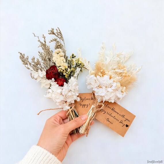 Mini Dried Flower Bouquet with Custom Card, Birthday Thank You Mum Card, Bridesmaid Proposal Gift Box, Wedding Favor, Boho Home Decor