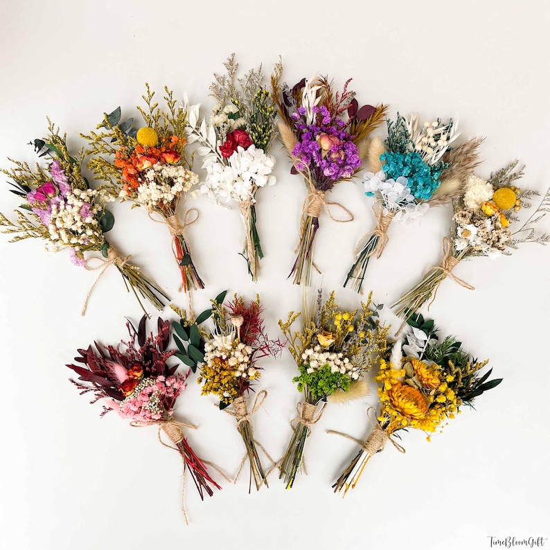 Puede incluir: Una colecci&oacute;n de peque&ntilde;os ramos de flores secas en varios colores, incluyendo morado, naranja, blanco y amarillo. Cada ramo est&aacute; atado con hilo. Las flores est&aacute;n dispuestas sobre una superficie blanca.