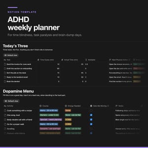 ADHD Weekly Planner Notion Template, Time Blindness Tracker, Brain Dump, Dopamine Menu, Task Paralysis Help, Neurodivergent Planner