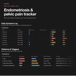 May include: A Notion template titled Endometriosis & pelvic pain tracker with a dark interface. It features a Daily Symptom Log table tracking dates, sleep, pain levels, energy, and mood, plus a Patterns & Triggers table for suspected triggers.