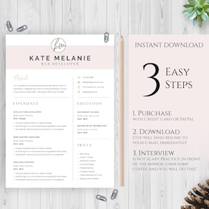 Puede incluir: Una plantilla de curr&iacute;culum vitae rosa y blanca con el texto "INSTANT DOWNLOAD" y "3 EASY STEPS" en negro. Los pasos son: 1. Compra con tarjeta de cr&eacute;dito o Paypal, 2. Descarga Etsy enviar&aacute; el curr&iacute;culum a tu correo electr&oacute;nico inmediatamente, 3. Entrevista no da miedo, practica frente al espejo, toma un caf&eacute; y lo har&aacute;s!"